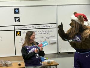 Jazz Bear visits SVHS to recognize teacher as part of Most Valuable Educator program