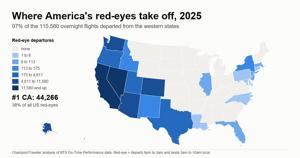 97% of America's Red-Eye Flights Take Off in the West, and Overnight Flying Is at a Record High, 26 Years of Federal Data Show
