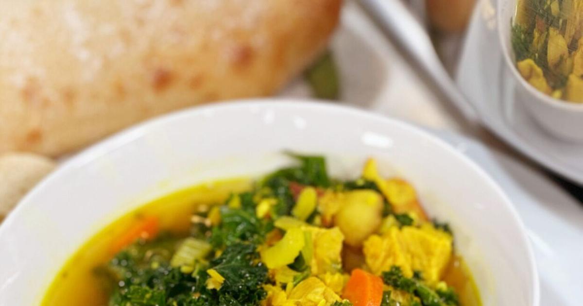 Golden Glow: Turmeric Ginger Lentil Soup with Kale and Savory Pork