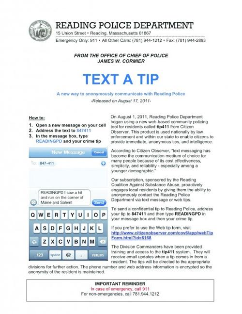 Police Create Anonymous Text Tip Line Reading Homenewshere Com