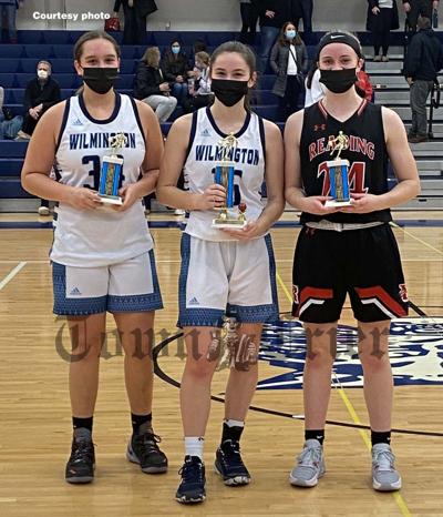 The All-Tournament team includes from left, Wilmington’s Eva Boudreau, Tourney MVP Olivia Spizuoco and Reading’s Jackie Malley