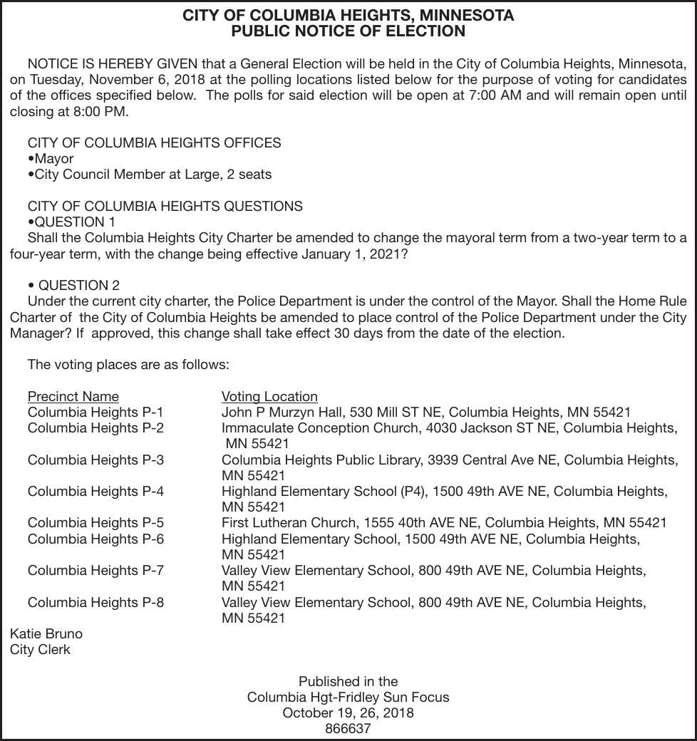 De S For Election Notice Oct 19 2018 City Of Columbia Heights De S For Election Notice Oct 19 2018 City Of Columbia Heights