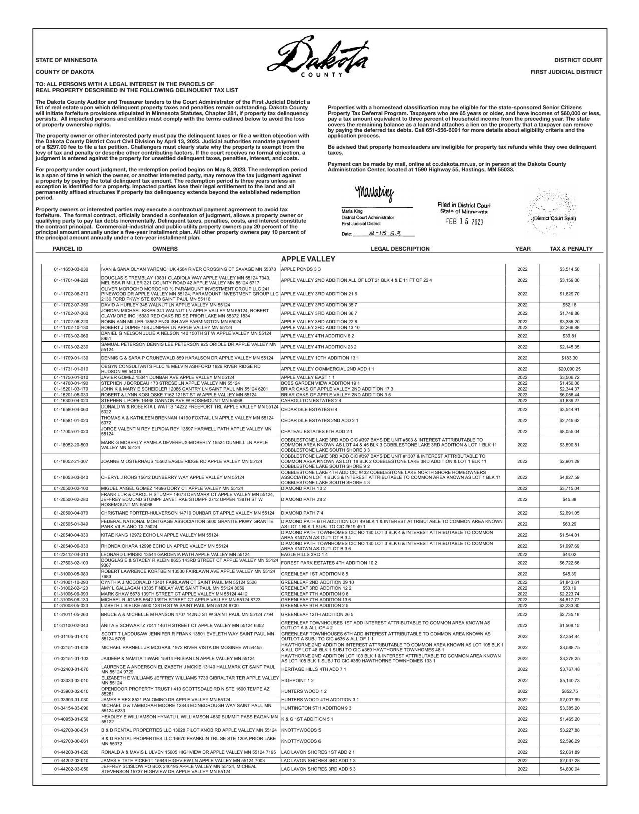 1276px x 1624px - Dakota County Delinquent Tax List 3-10-2023 | Delinquent Tax List |  hometownsource.com