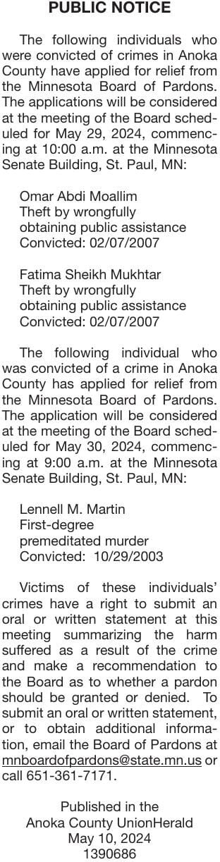 Anoka County Board of Pardons | Public Notices | hometownsource.com