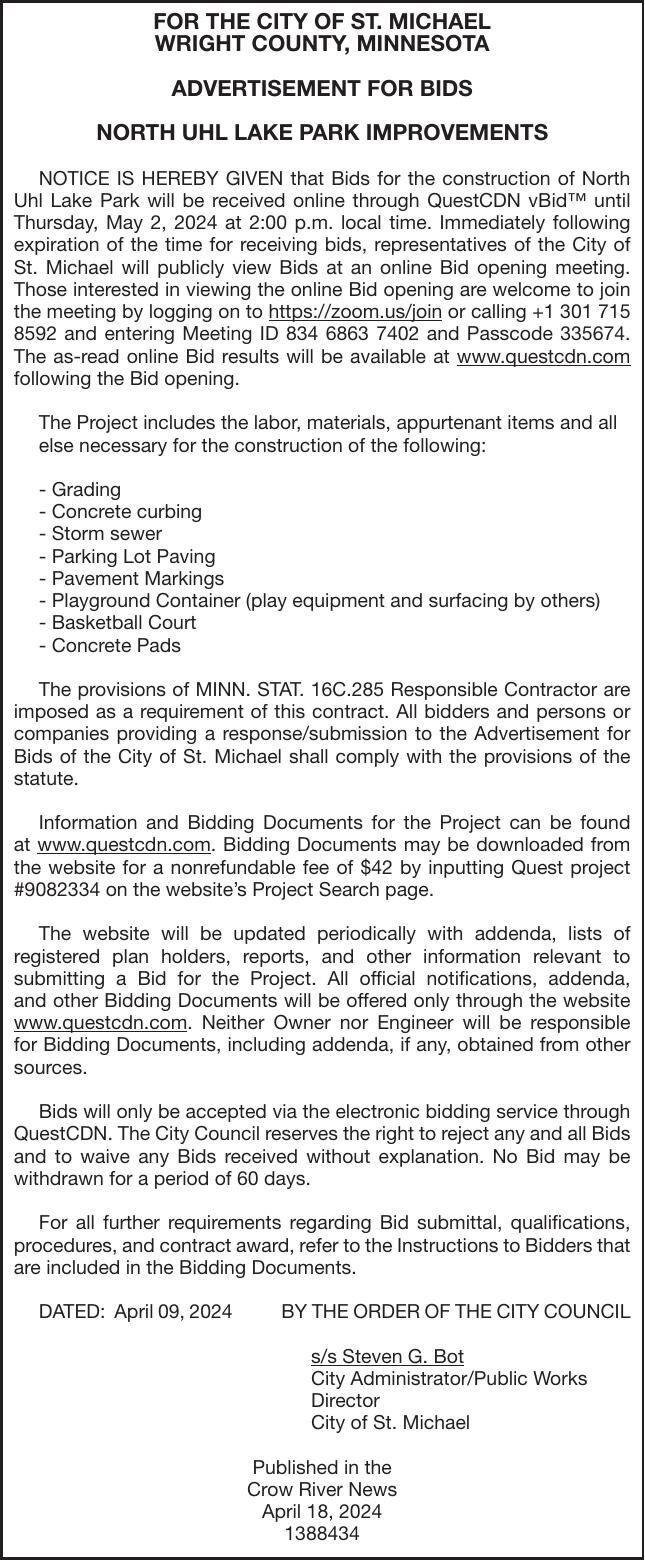 North Uhl Lake Park BIDS | Advertisement For Bids & Proposals ...