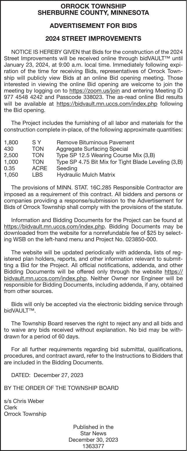 2024 Street Improvement BIDS Advertisement For Bids & Proposals