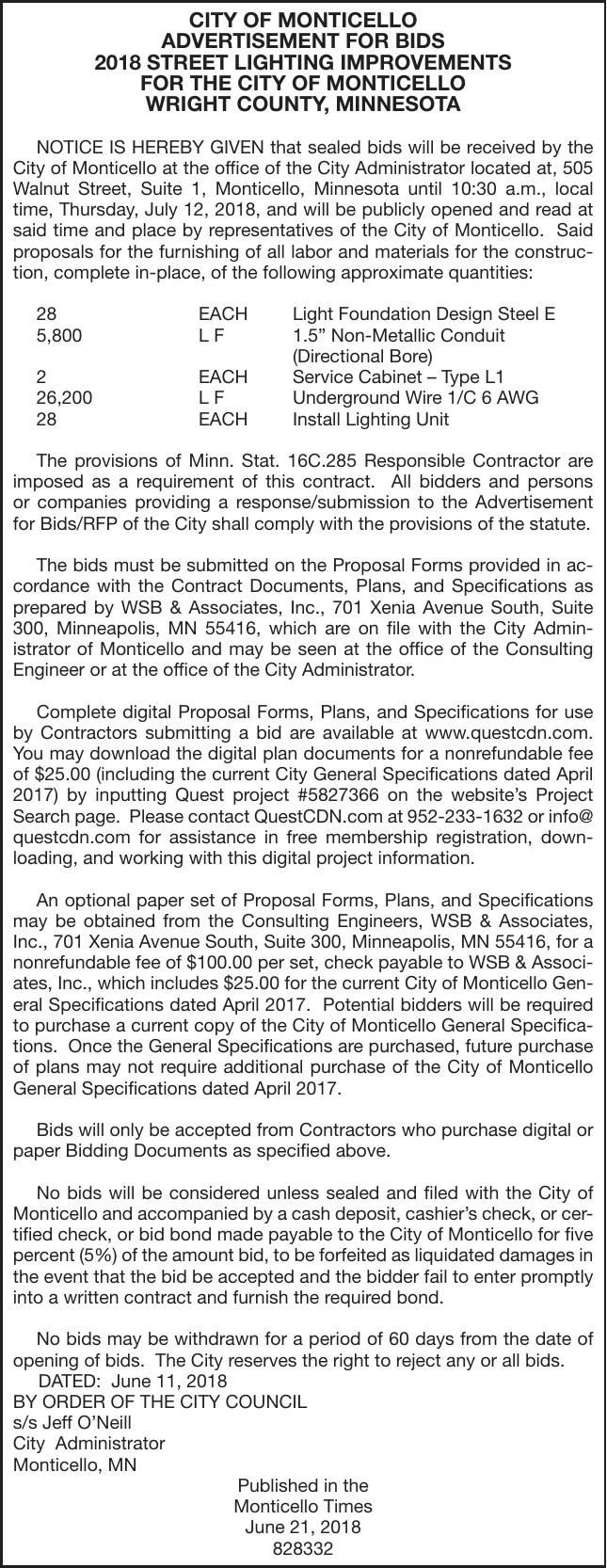 Street Lights Improvements Bids J O N Advertisement For Bids Proposals Hometownsource Com