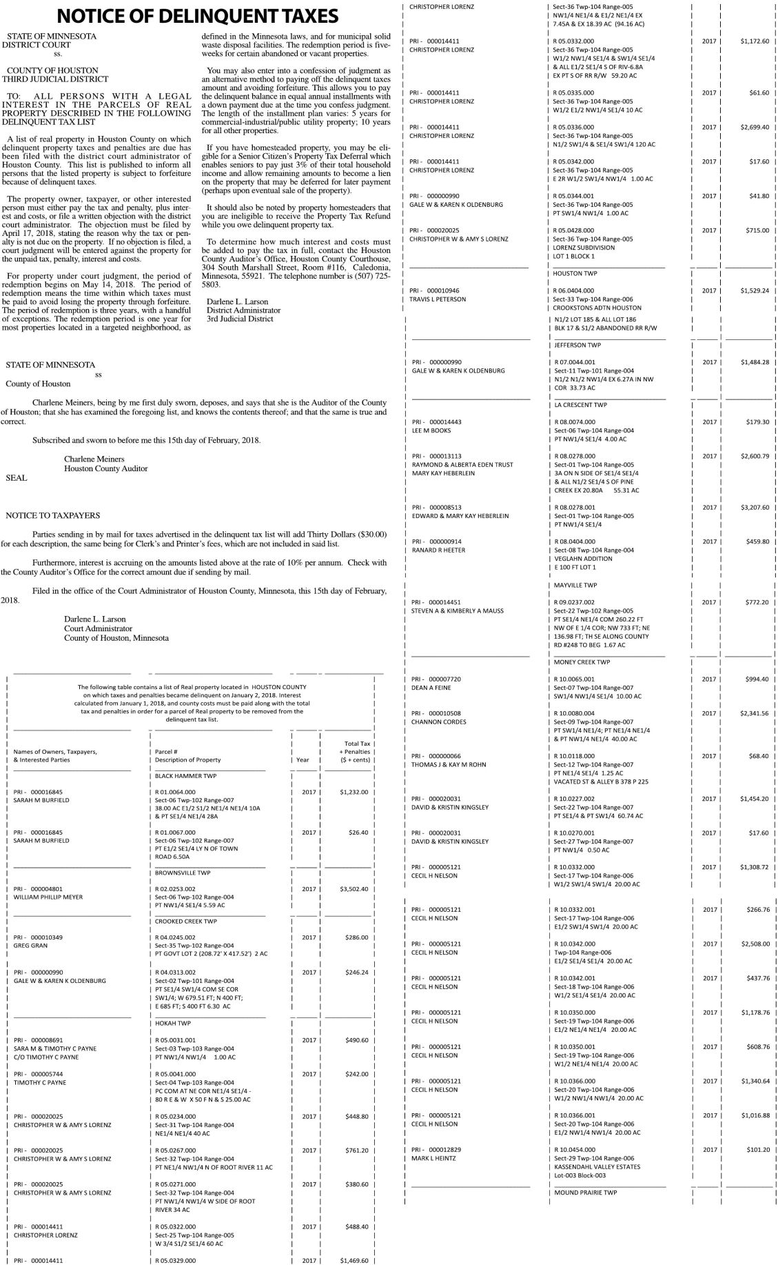 2017 Delinquent Tax List Financial Statements