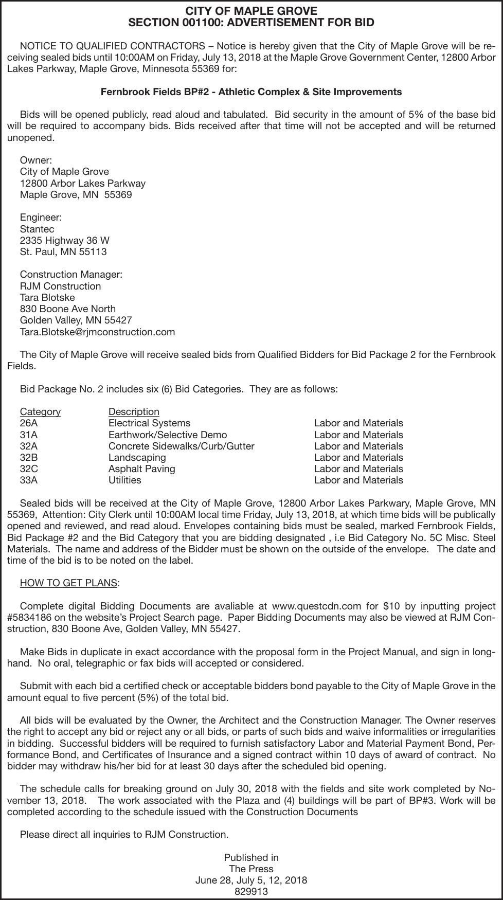 fernbrook fields bids advertisement for bids proposals landscaping bids
