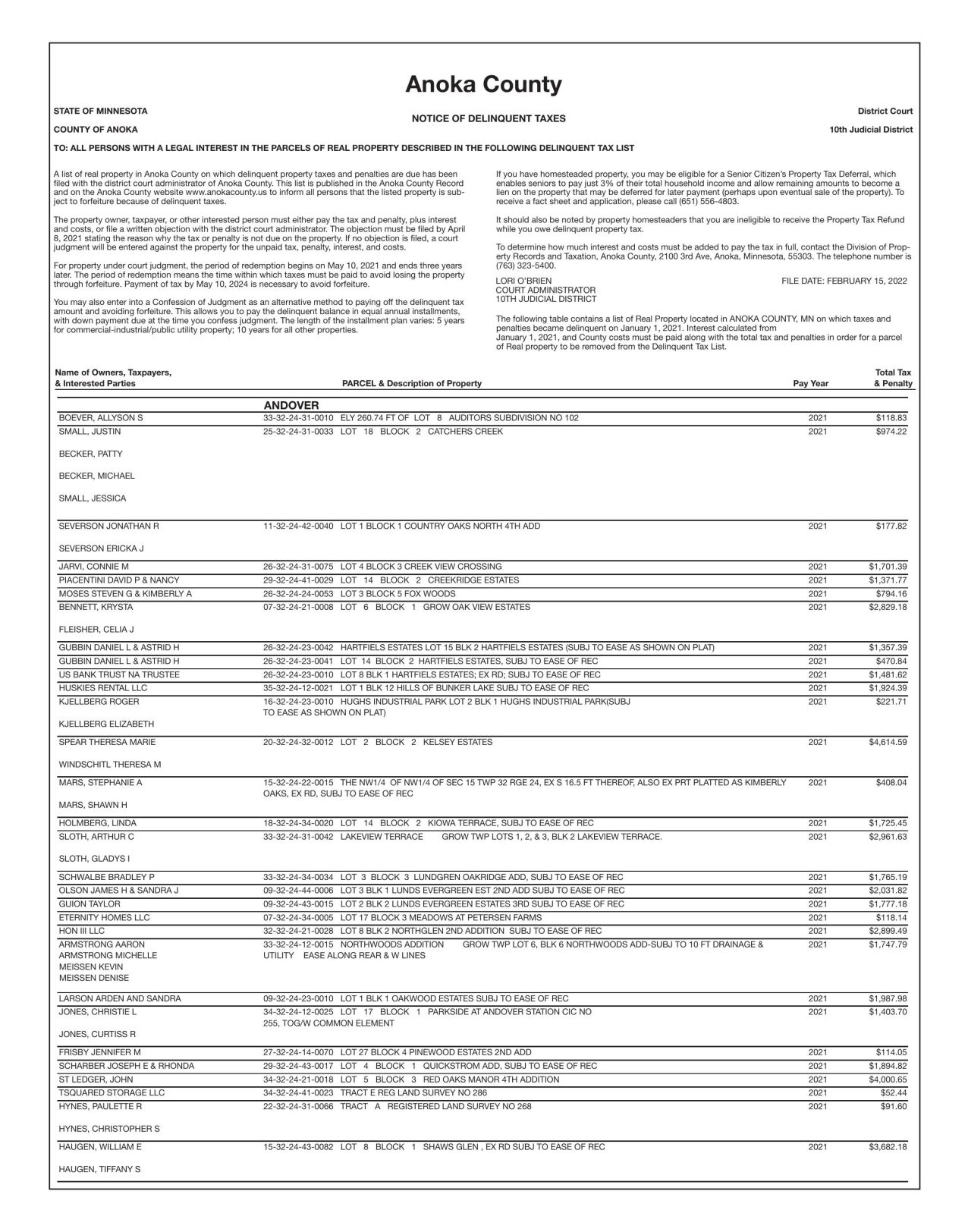Anoka County Notice of Delinquent Taxes, March 11, 2022 Delinquent