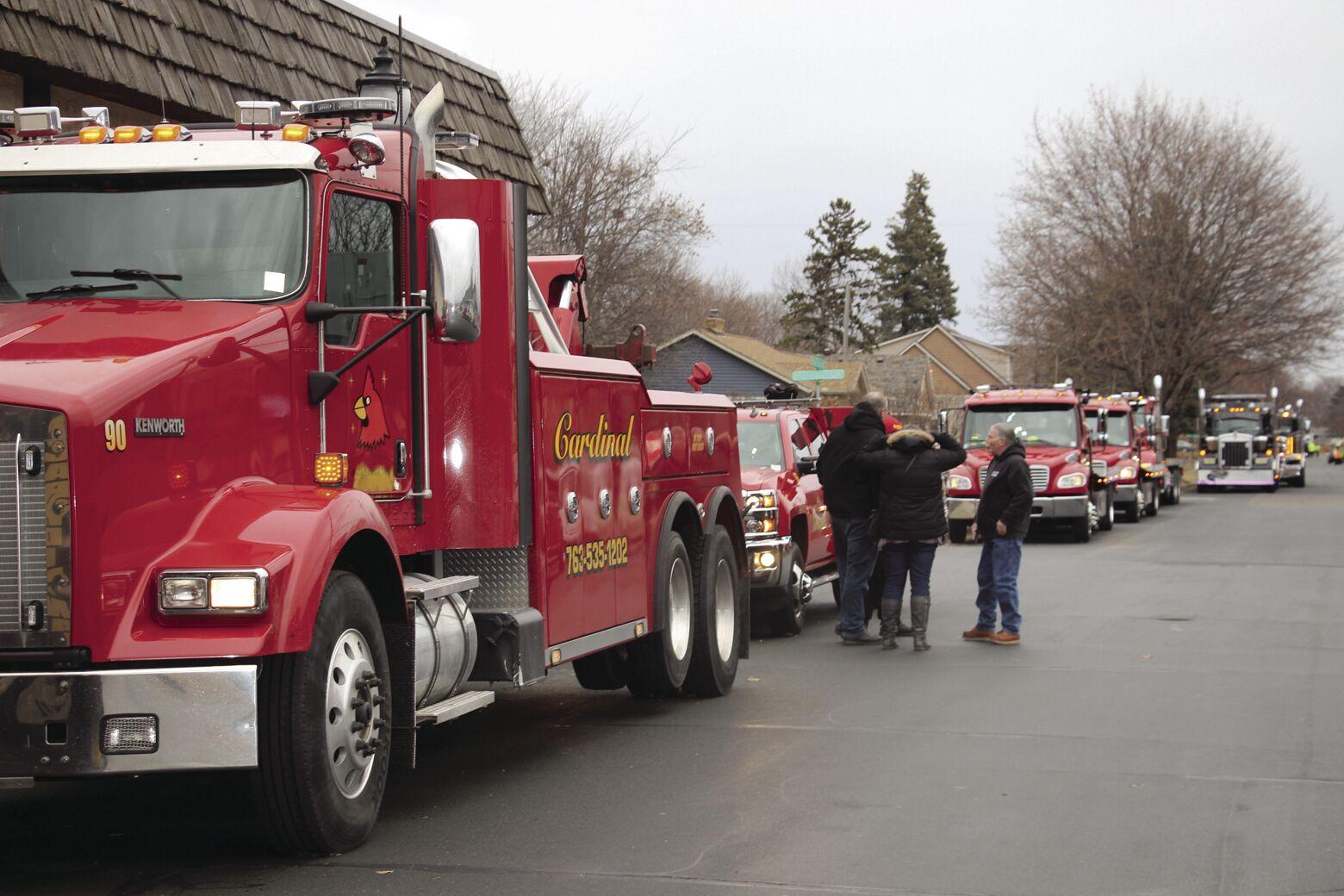 Tow trucks line Osseo street in remembrance of Cardinal Towing owner