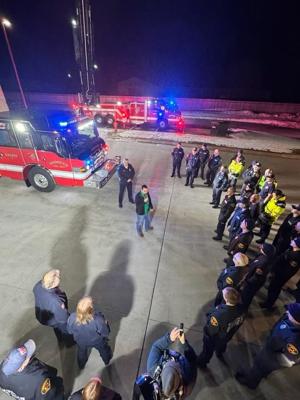 Other Text Andover's new Engine 1 was pushed in during a ceremony on the night of Jan. 14, according a Facebook post from the department. The event is a tradition dating back to when firefighters physically pushed horse-drawn engines into their stations. Alt Text