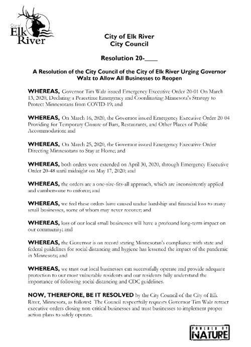 Elk River City Council passes resolution urging Gov. Walz to retract executive order