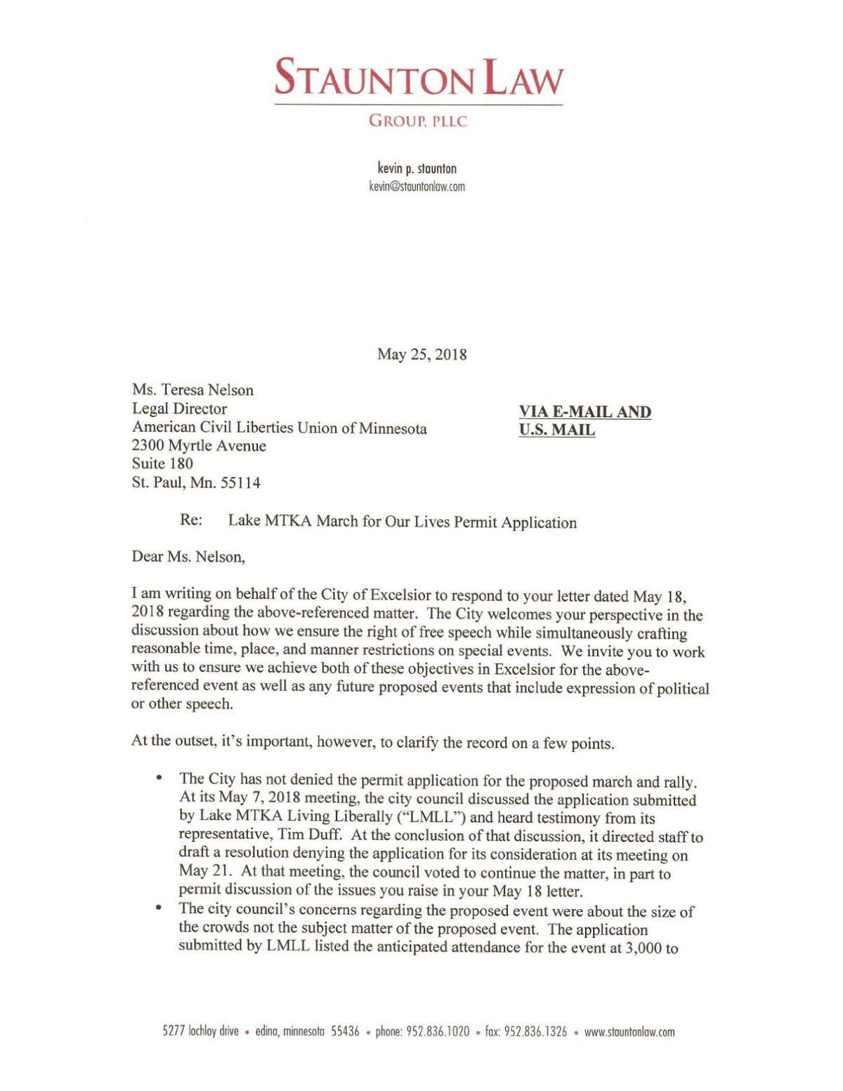 City Of Excelsior S Response Letter To Aclu Hometownsource Com