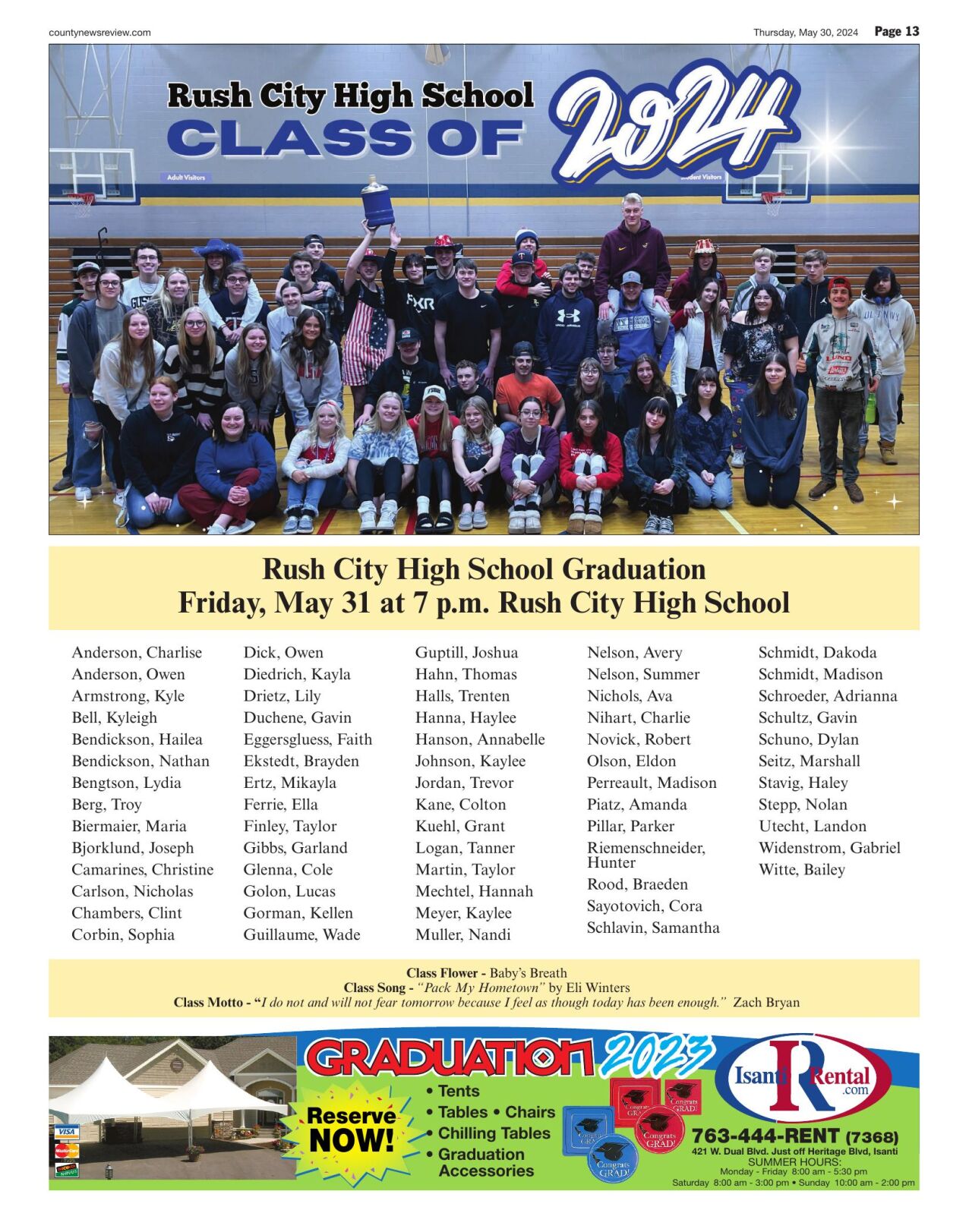 Rush City High School Class of 2024 Commencement on May 31 Free