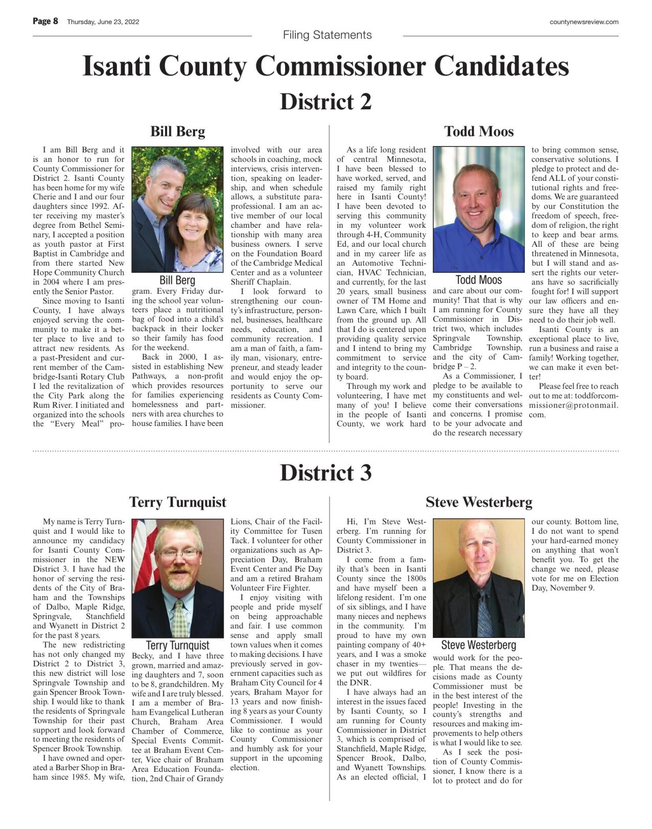 Filing statements for Isanti County Commissioner candidates