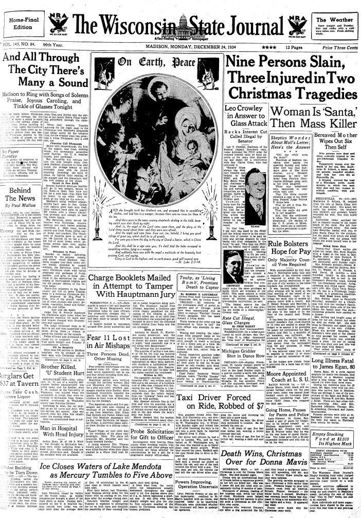 Wisconsin State Journal front page, Christmas 1934