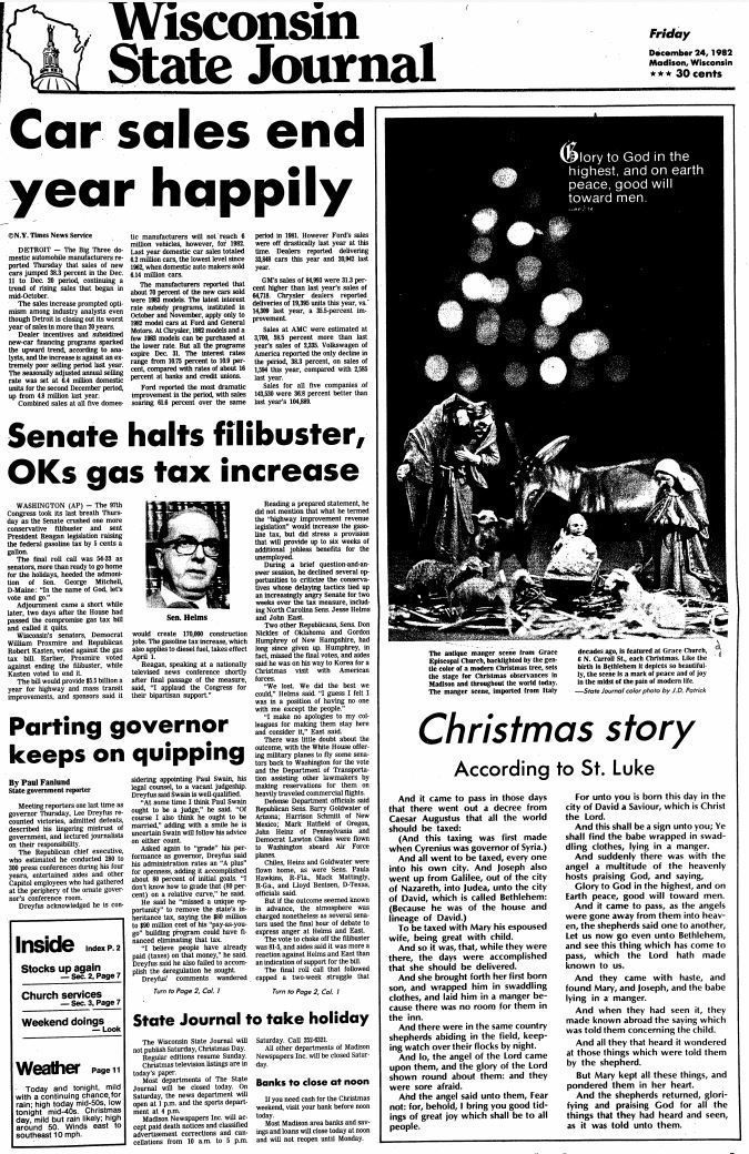 Wisconsin State Journal front page, Christmas 1982