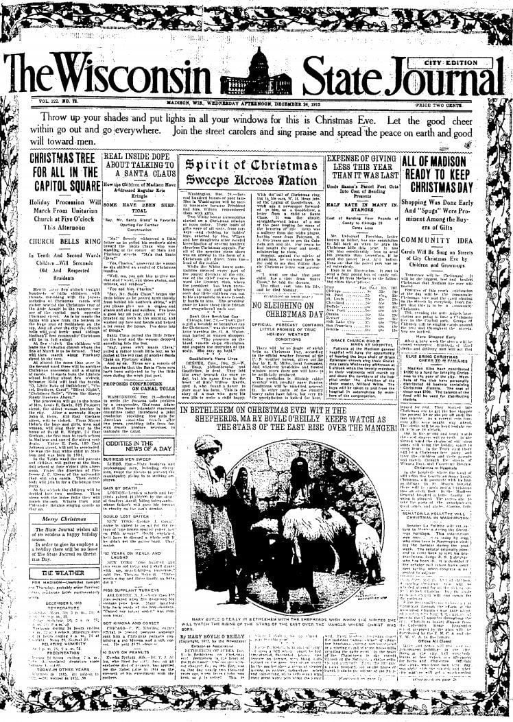 Wisconsin State Journal front page, Christmas 1913