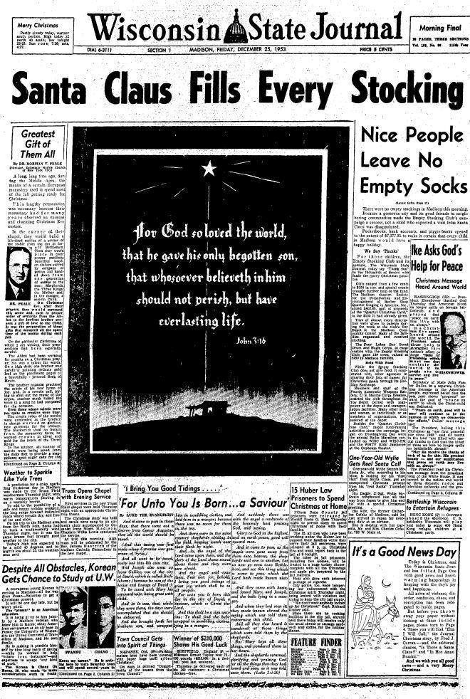 Wisconsin State Journal front page, Christmas 1953