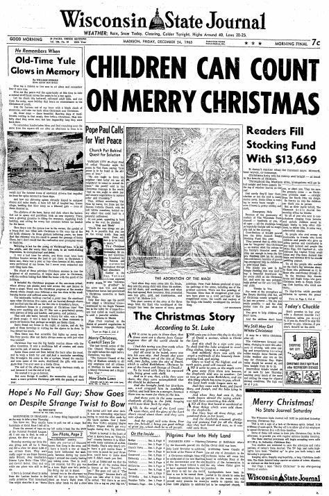 Wisconsin State Journal front page, Christmas 1965