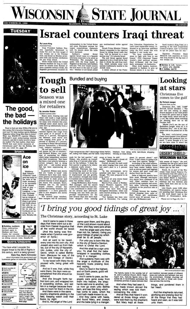 Wisconsin State Journal front page, Christmas 1990