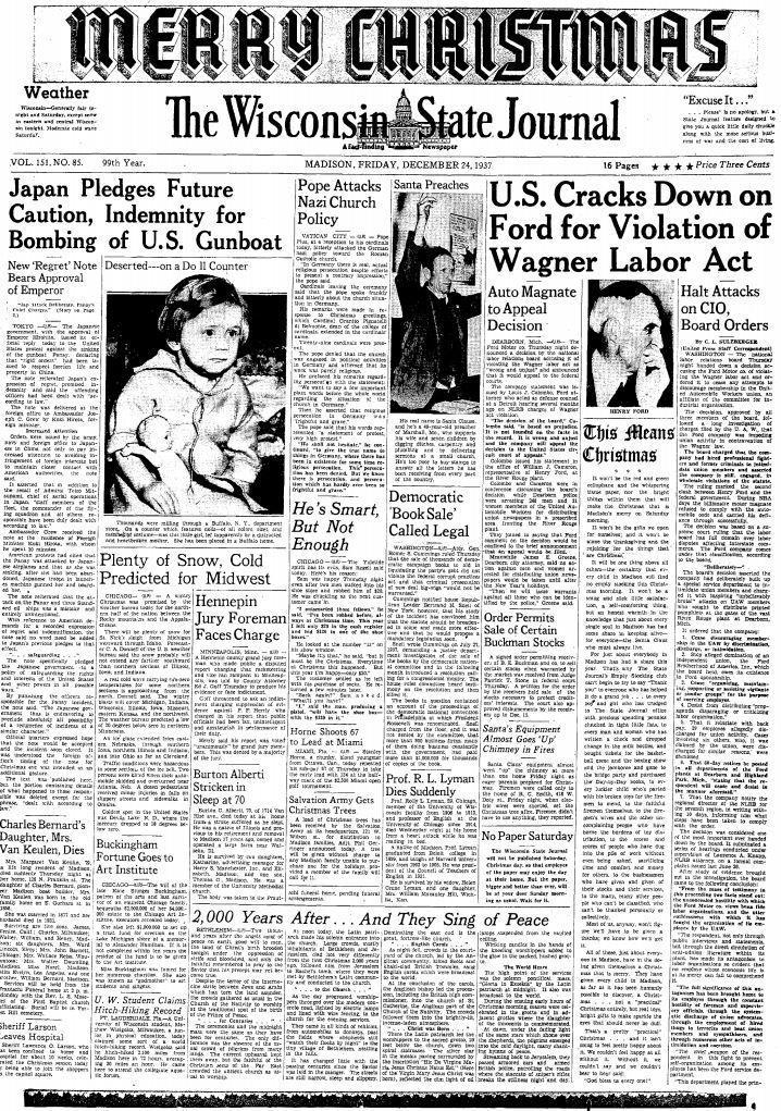 Wisconsin State Journal front page, Christmas 1937