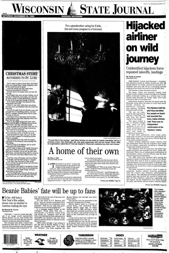 Wisconsin State Journal front page, Christmas 1999