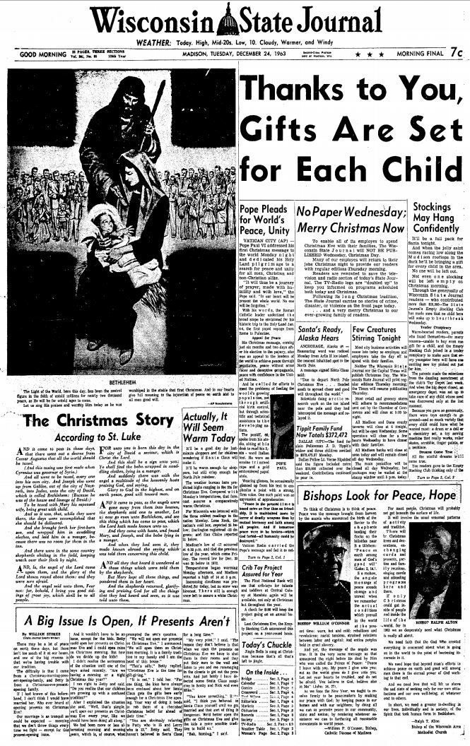 Wisconsin State Journal front page, Christmas 1963