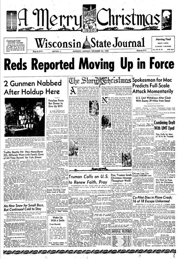 Wisconsin State Journal front page, Christmas 1950