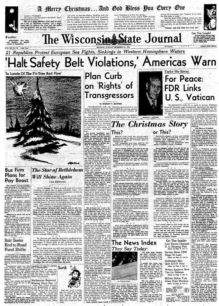Wisconsin State Journal front page, Christmas 1939