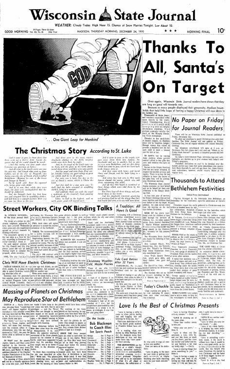 Wisconsin State Journal front page, Christmas 1970