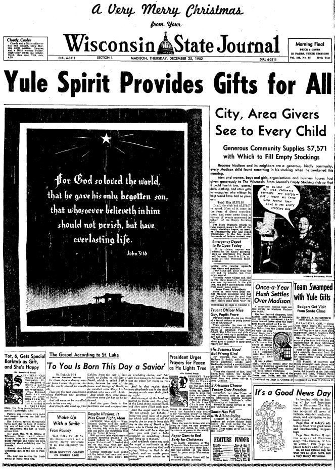 Wisconsin State Journal front page, Christmas 1952