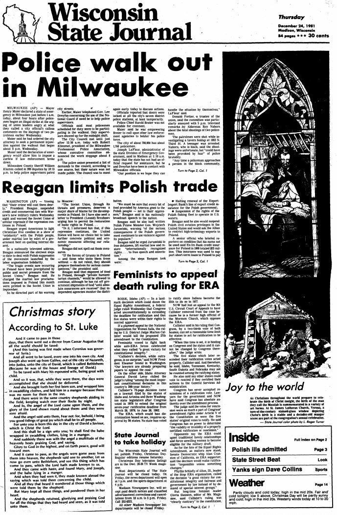 Wisconsin State Journal front page, Christmas 1981