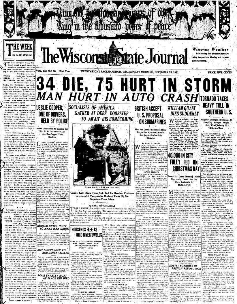 Wisconsin State Journal front page, Christmas 1921
