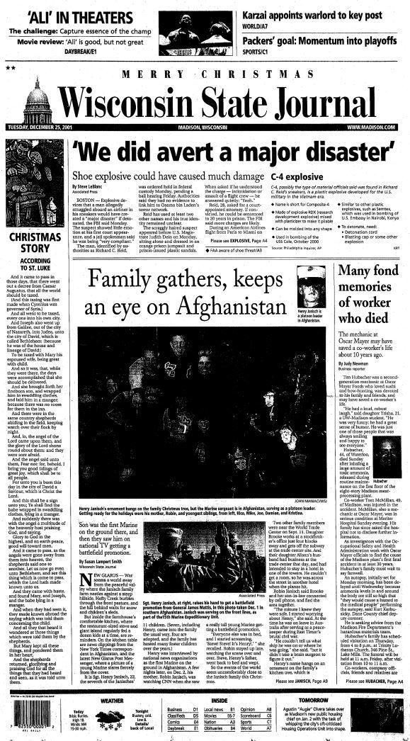 Wisconsin State Journal front page, Christmas 2001
