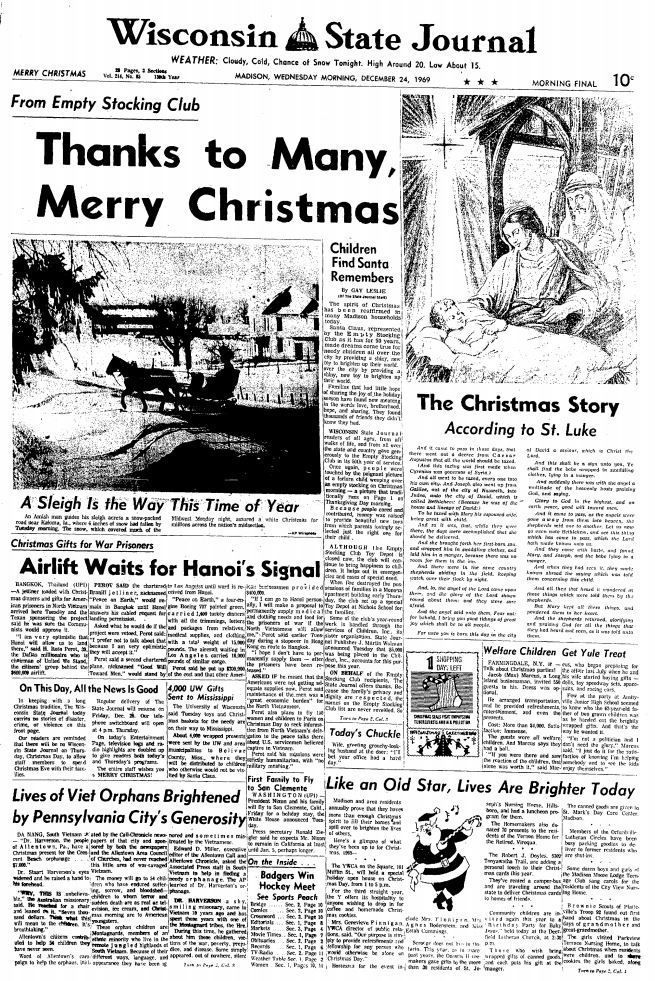 Wisconsin State Journal front page, Christmas 1969