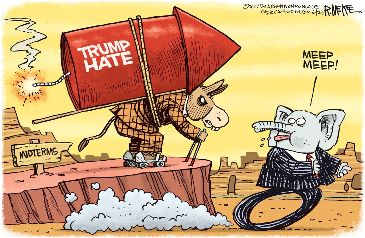 GOP speeds in front of angry Democrats, in Rick McKee's latest