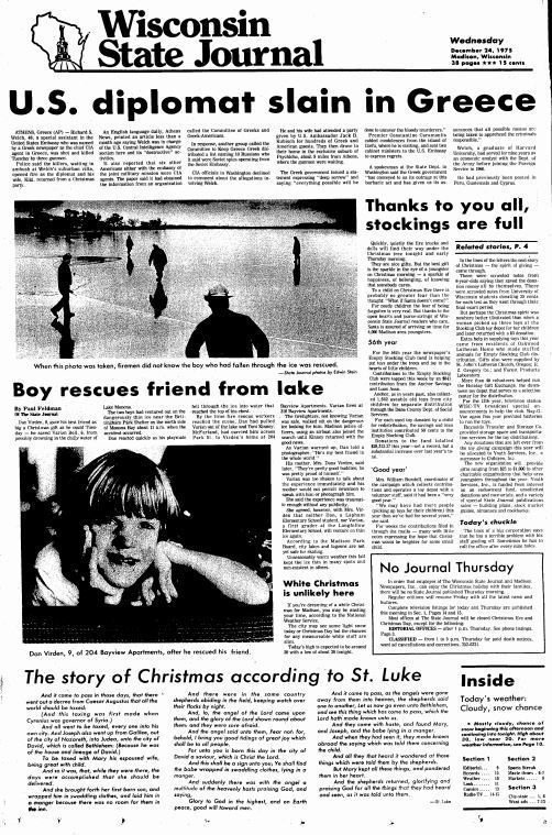 Wisconsin State Journal front page, Christmas 1975