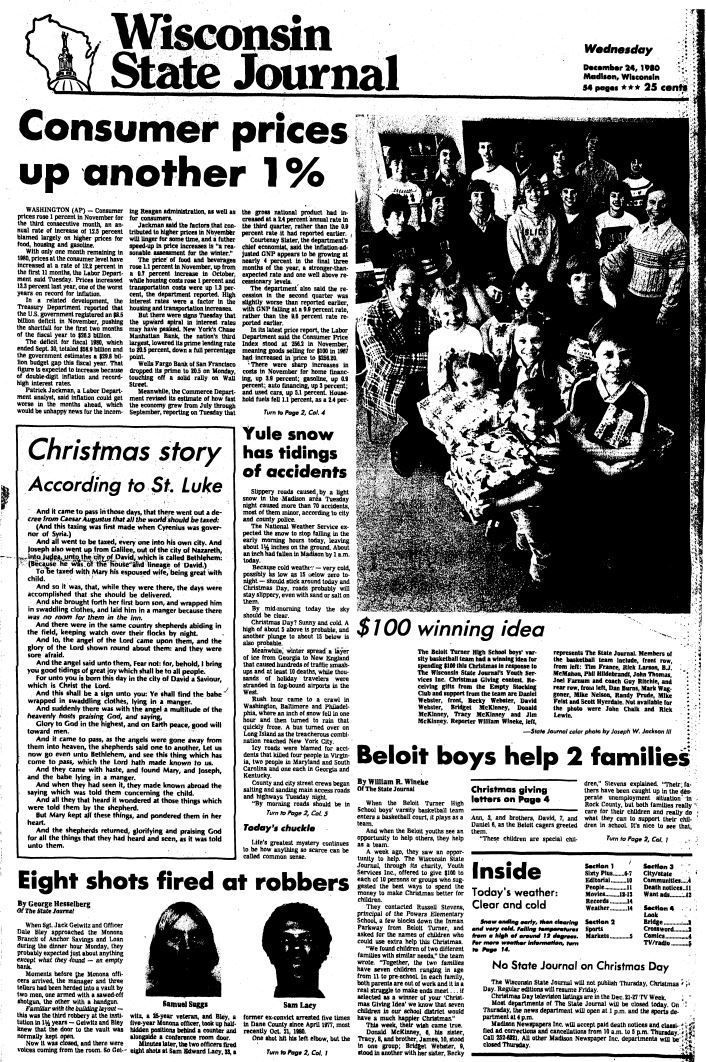 Wisconsin State Journal front page, Christmas 1980