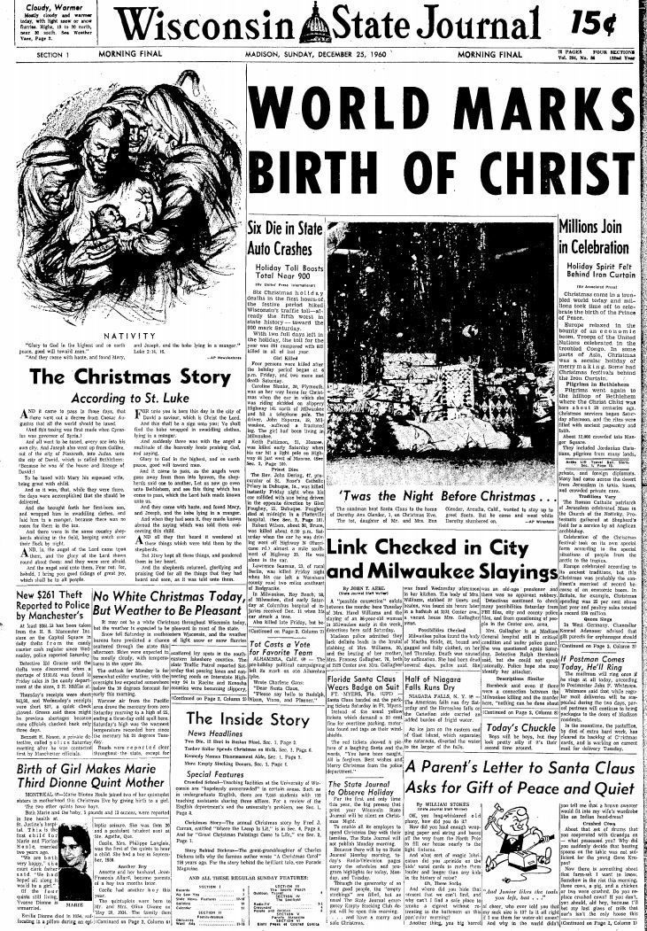Wisconsin State Journal front page, Christmas 1960