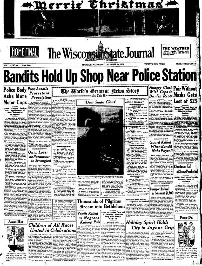 Wisconsin State Journal front page, Christmas 1930