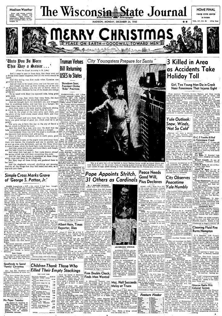 Wisconsin State Journal front page, Christmas 1945