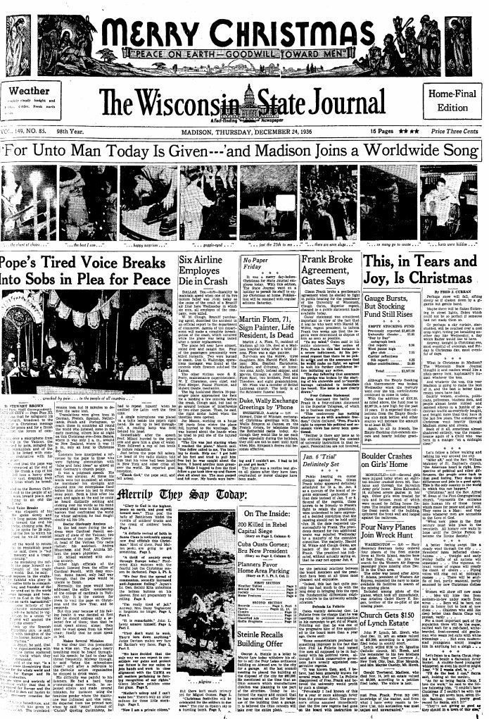 Wisconsin State Journal front page, Christmas 1936