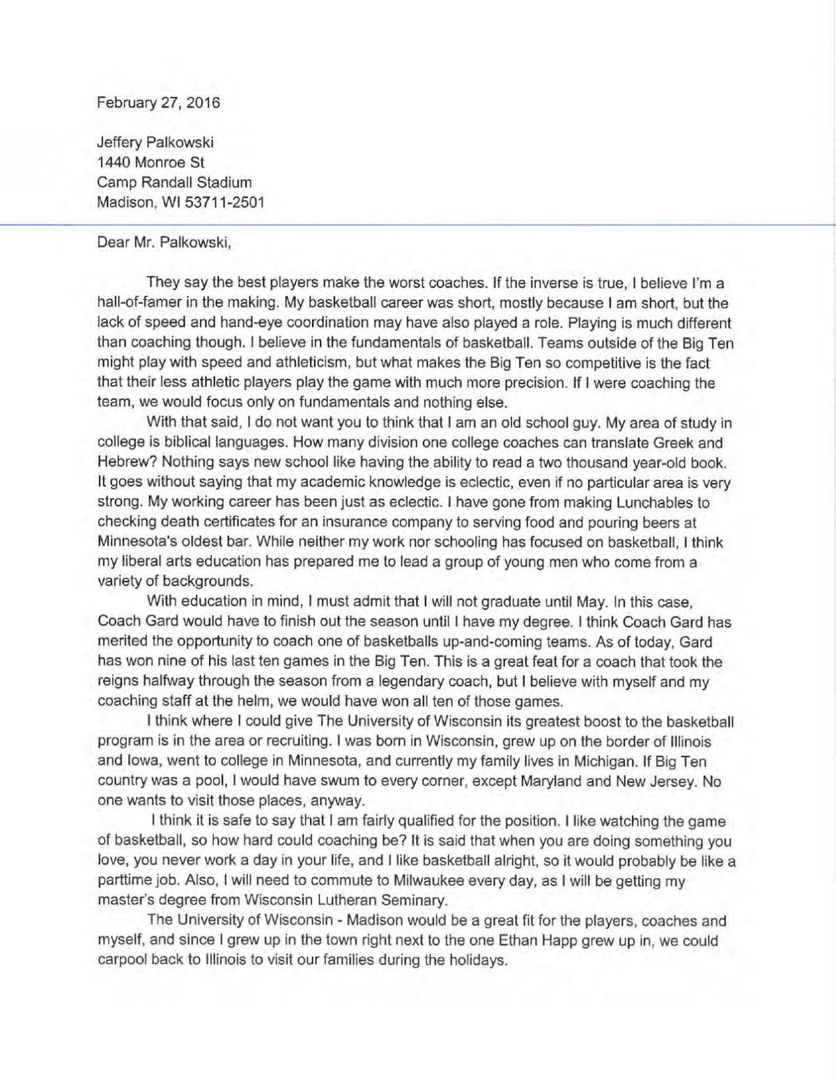 basketball coach cover letter