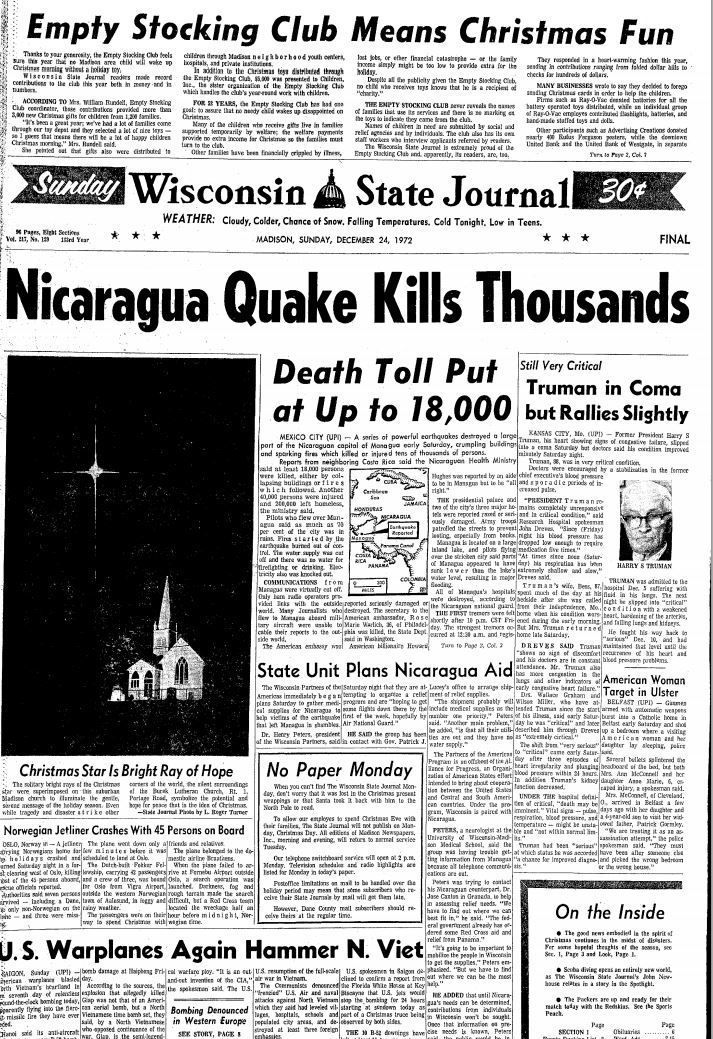 Wisconsin State Journal front page, Christmas 1972