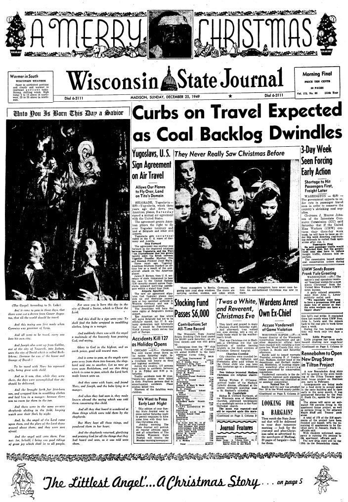 Wisconsin State Journal front page, Christmas 1949