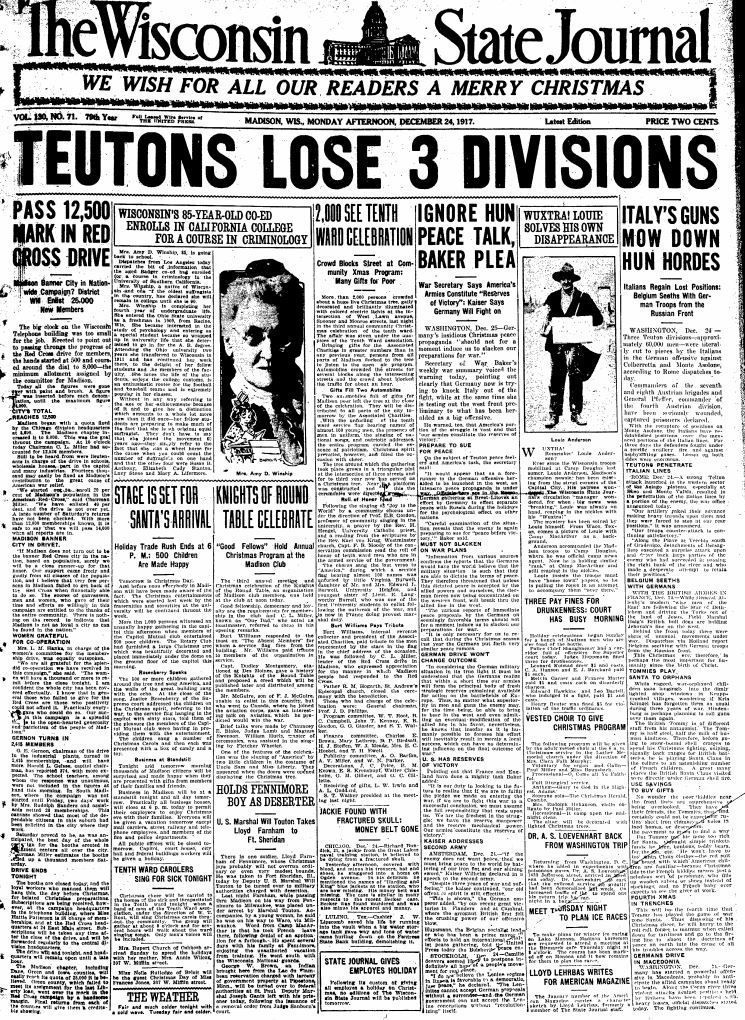 Wisconsin State Journal front page, Christmas 1917