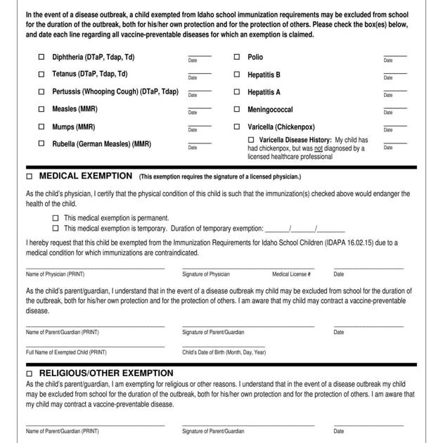 Immunization exemption form