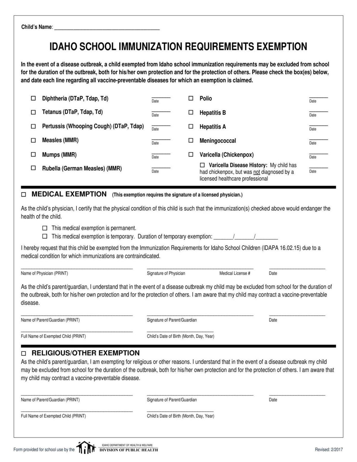 Immunization exemption form